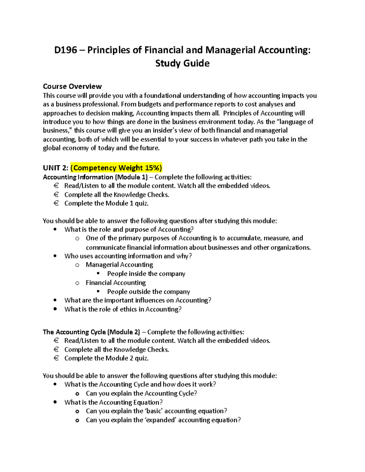 D196 Study Guide - Course notes - D196 – Principles of Financial and ...