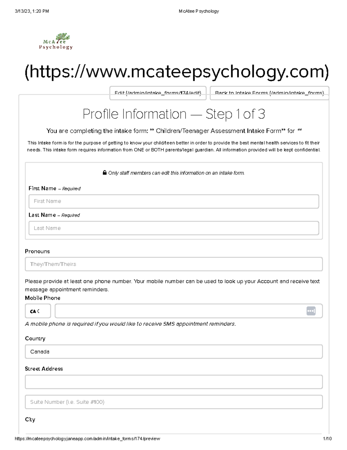 Assessment Intake Form - This intake form requires information from ONE ...