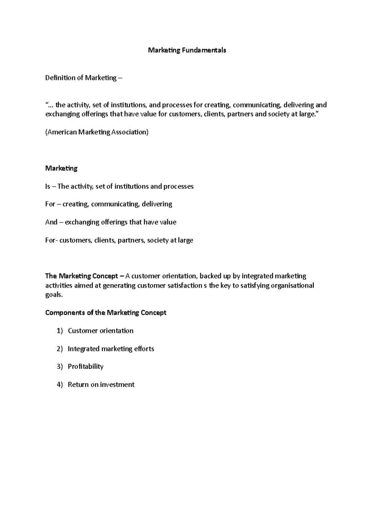 Week 1 - Lecture notes 1 - Marketing Fundamentals Definition of ...