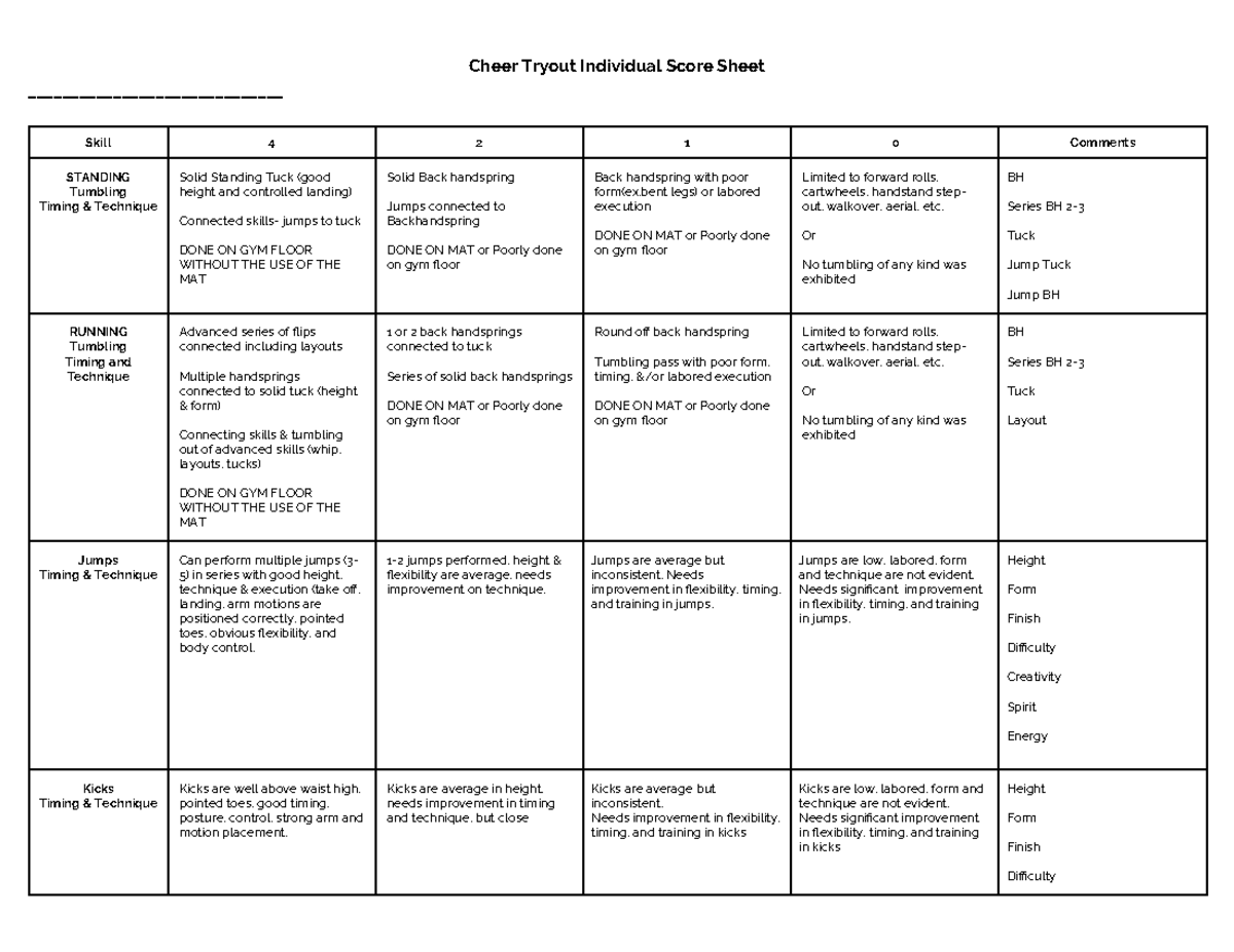 Cheer Tryout Individual Score Sheet - Cheer Tryout Individual Score ...