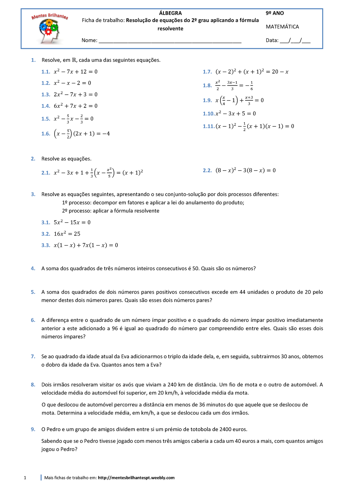 Ficha Sobre A Resolução De Equações Do 2º Grau Aplicando A Fórmula ...