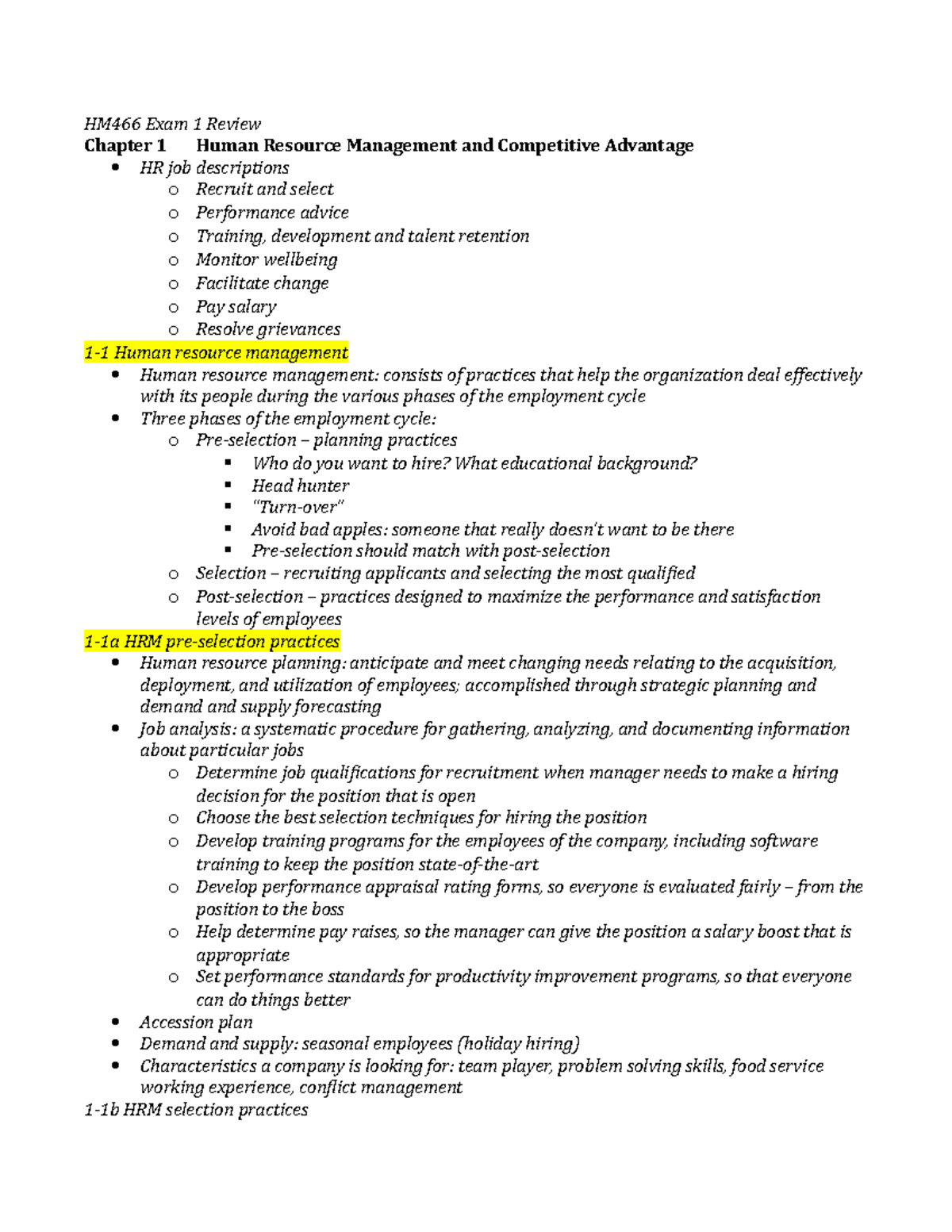 HM466 Exam 1 Review - HM 466 Exam 1 Summary - HM466 Exam 1 Review ...