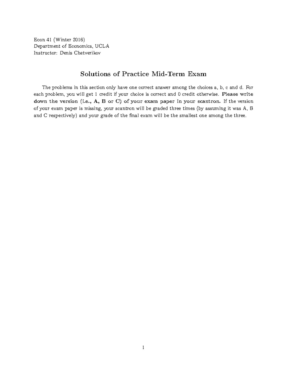 Practice Midterm Answers - Econ 41 (Winter 2016) Department of