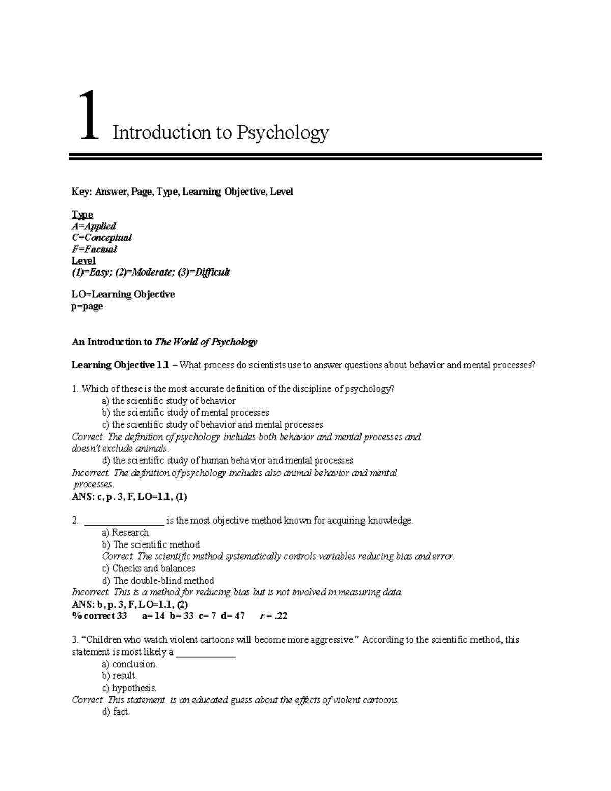 Psychology-101-test-bank compress - 1 Introduction to Psychology Key ...