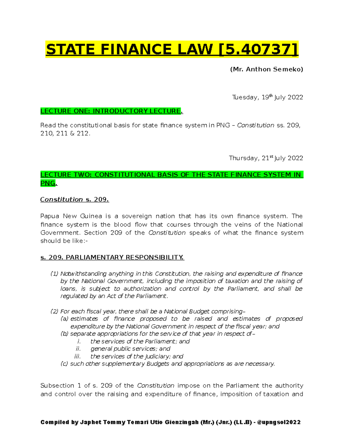 Lecture notes State Finance Law Course introduces the concepts of