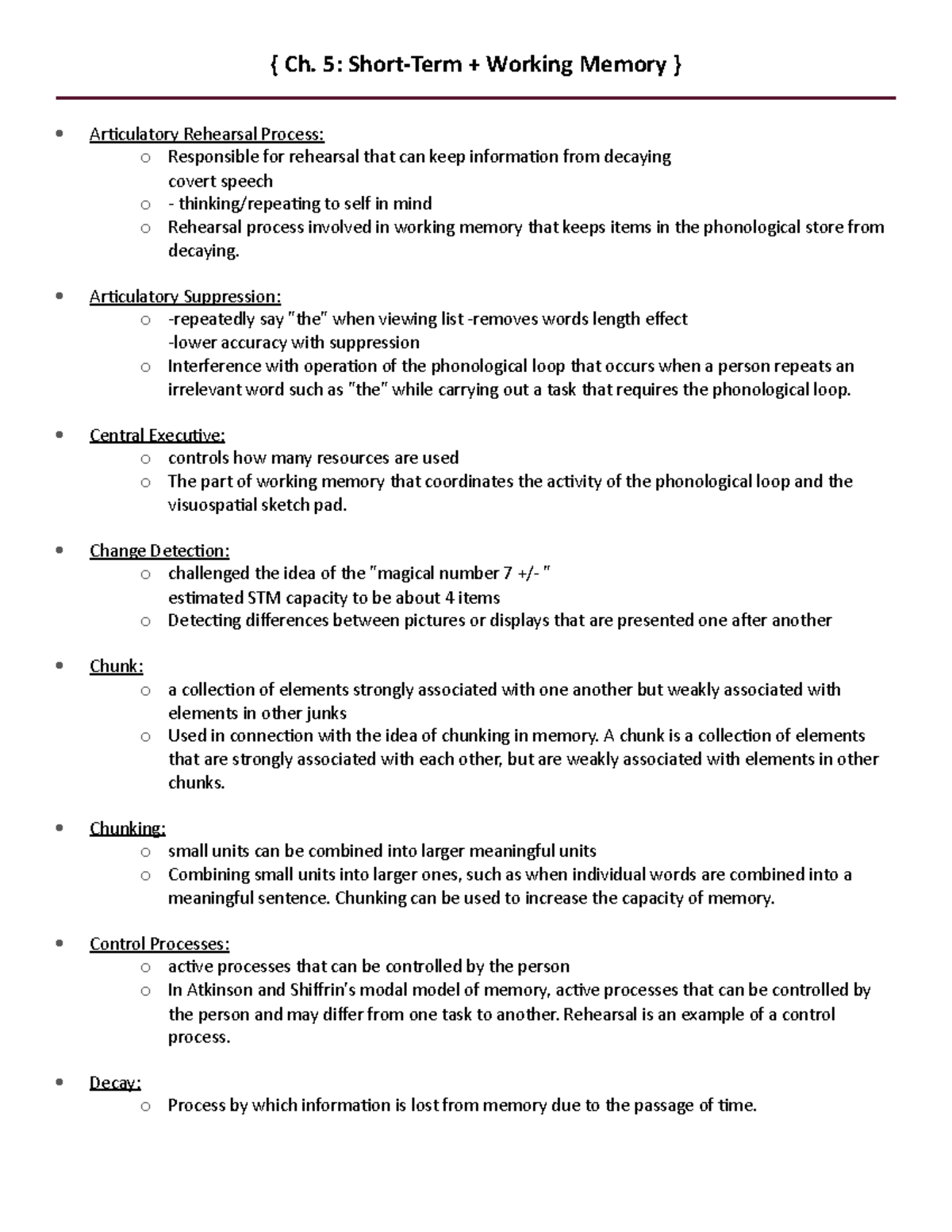 Ch. 5 STM +WM Key Terms Defs - Ch. 5: Working Memory Rehearsal ...