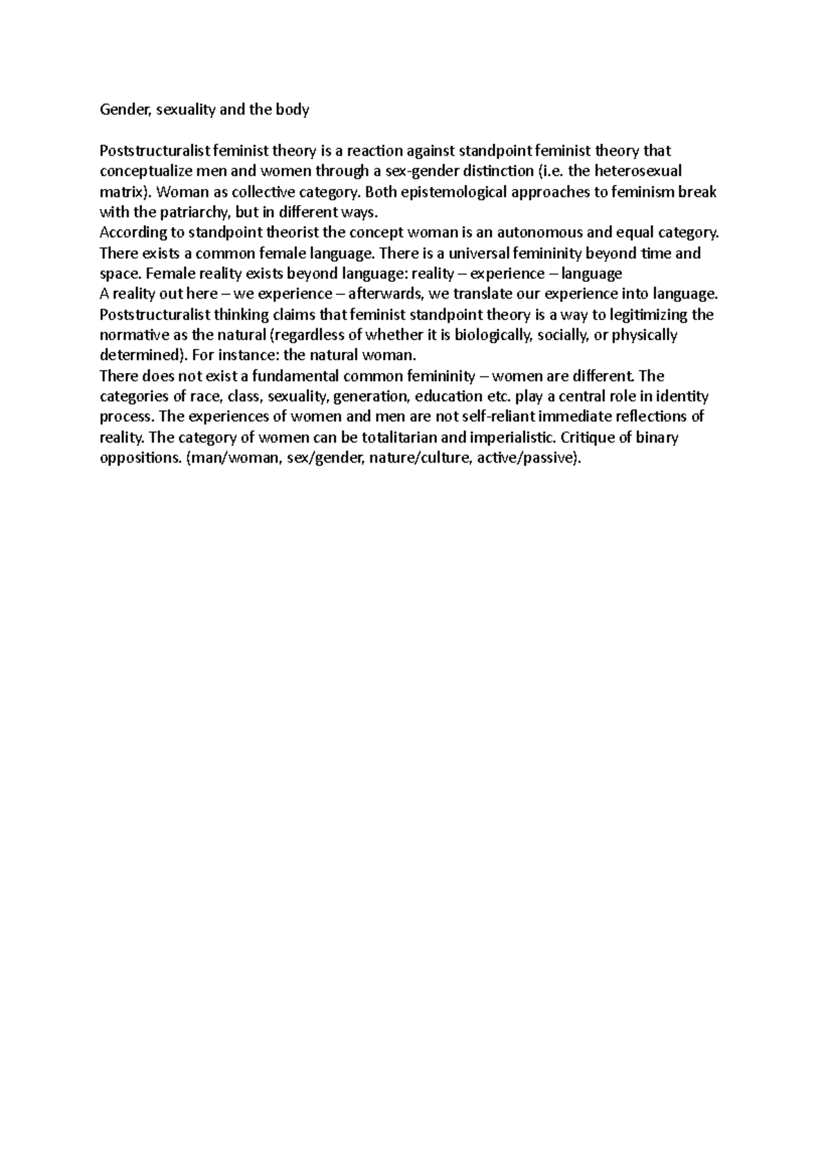 16 Gender, sexuality class Gender, sexuality and the body