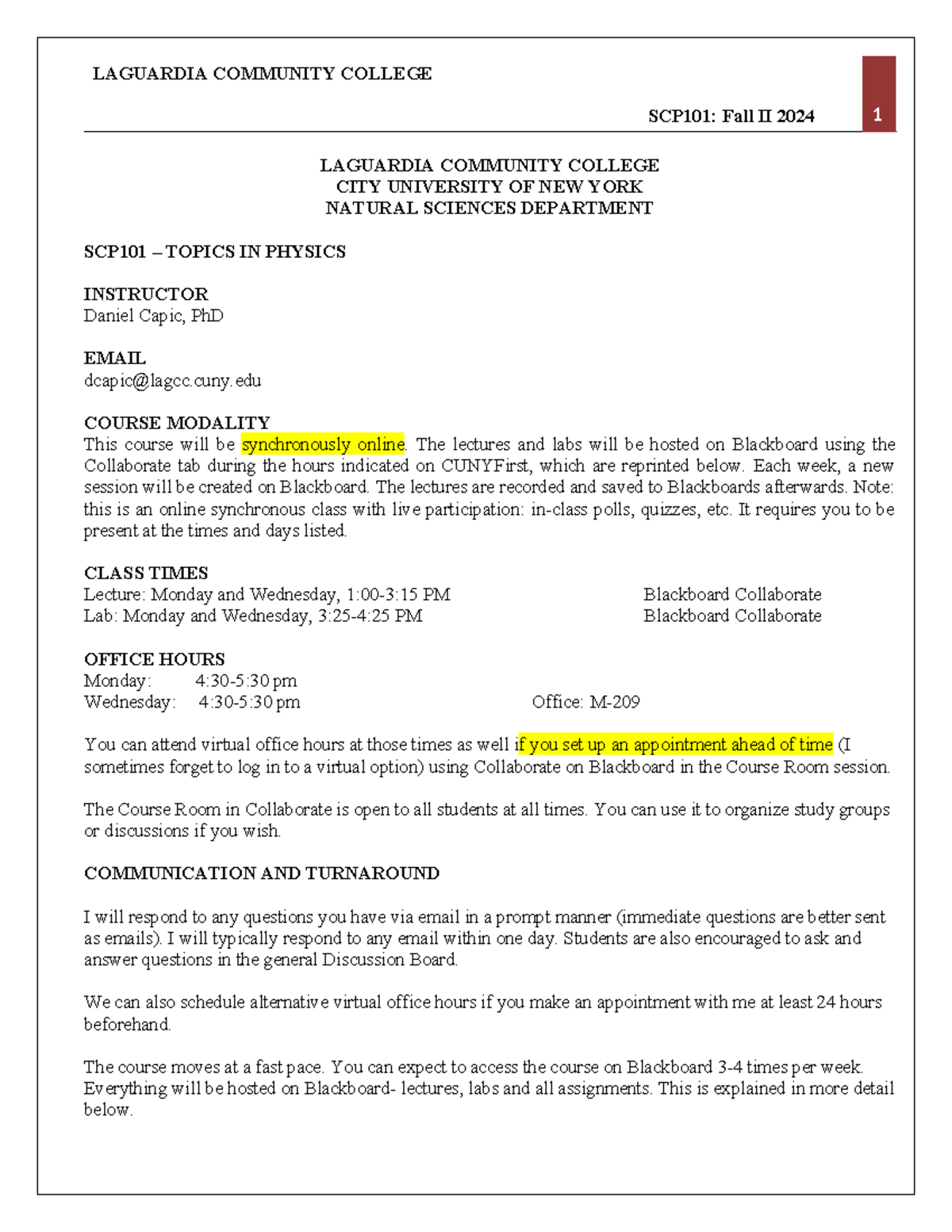 SCP101 F2024 syllabus - LAGUARDIA COMMUNITY COLLEGE SCP101: Fall II ...