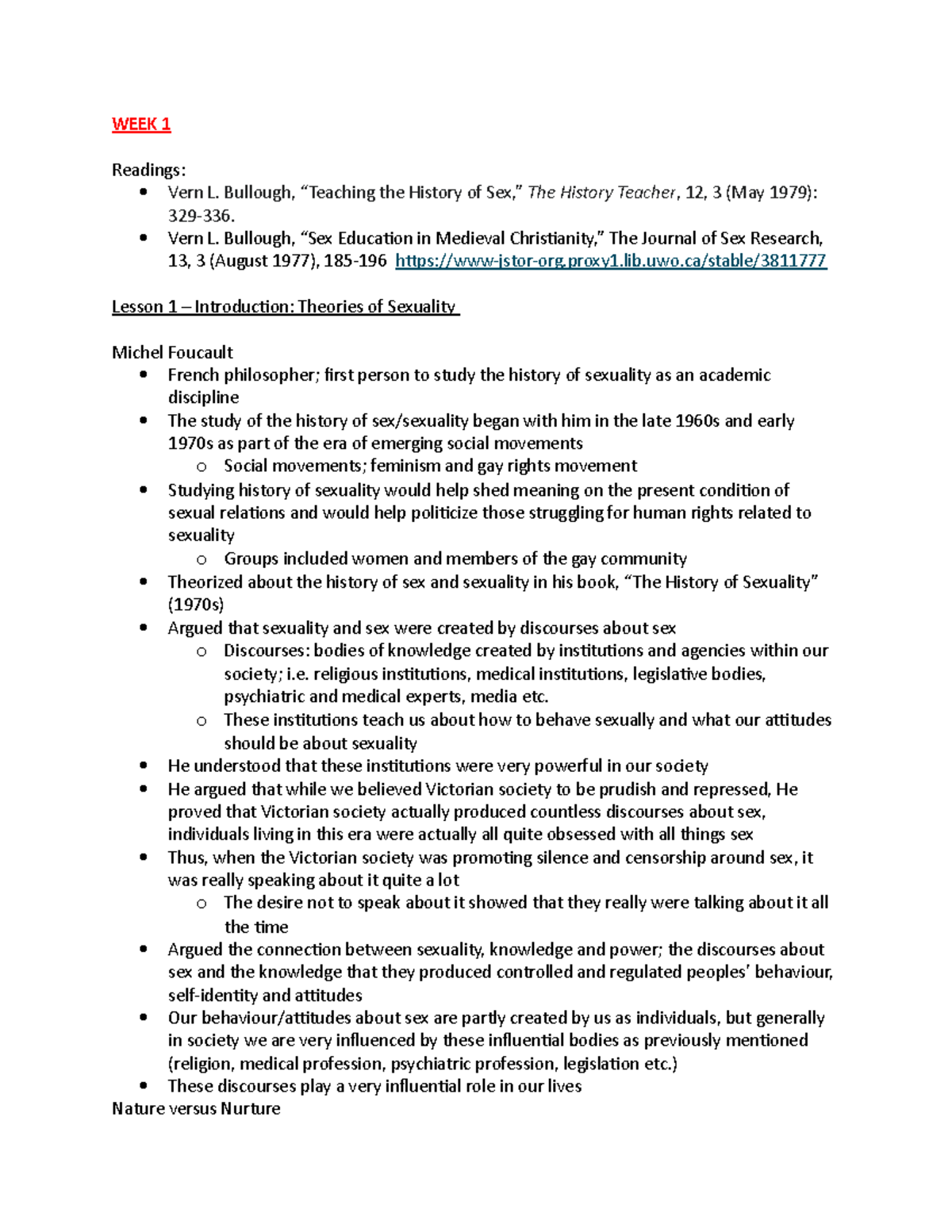 Midterm 1 Notes Week 1 Readings Vern L Bullough “teaching The