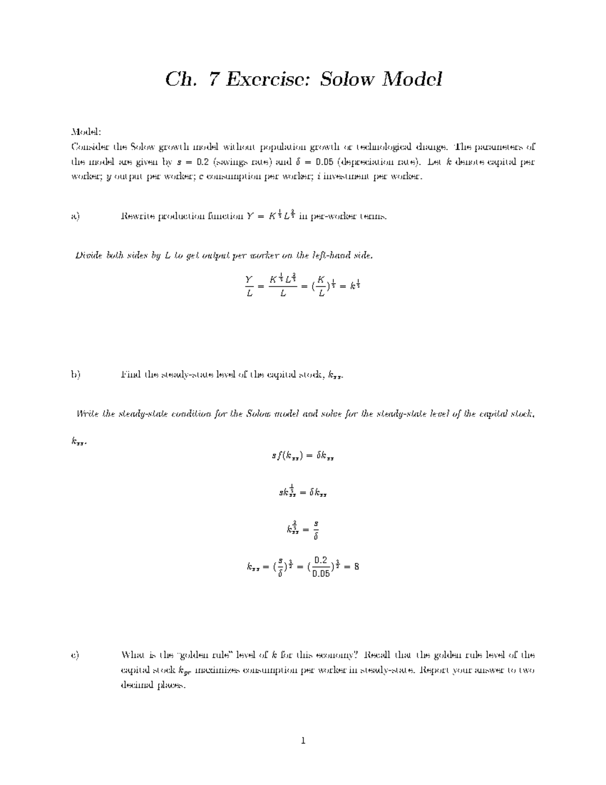 Chapter 7answerssolowgrowthmodel - Ch. 7 Exercise: Solow Model Model ...