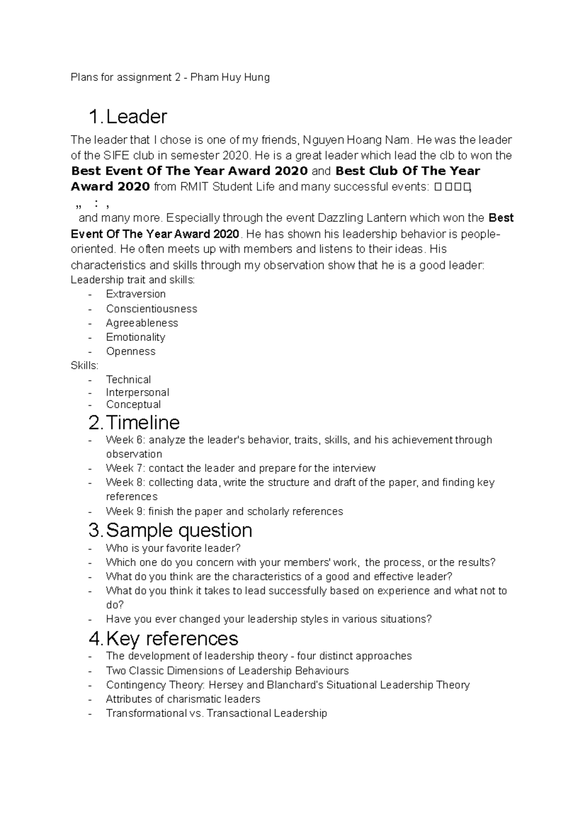 Leadership 2 interview plan - Plans for assignment 2 - Pham Huy Hung 1 ...