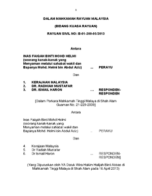 B 01 200 05 2013 Laterst 2 Dalam Mahkamah Rayuan Malaysia Bidang Kuasa Rayuan Rayuan Sivil No Studocu