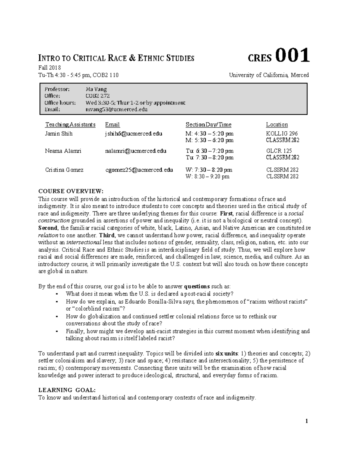 CRES 001 Syllabus 2018 - CRES INTRO TO CRITICAL RACE & ETHNIC STUDIES ...