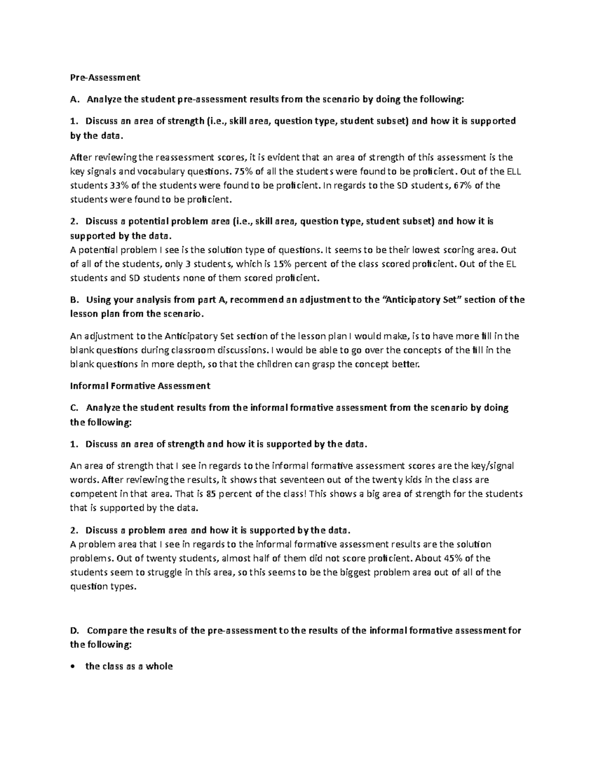 DO93 Task 2 Revised - Pre-Assessment A. Analyze the student pre ...