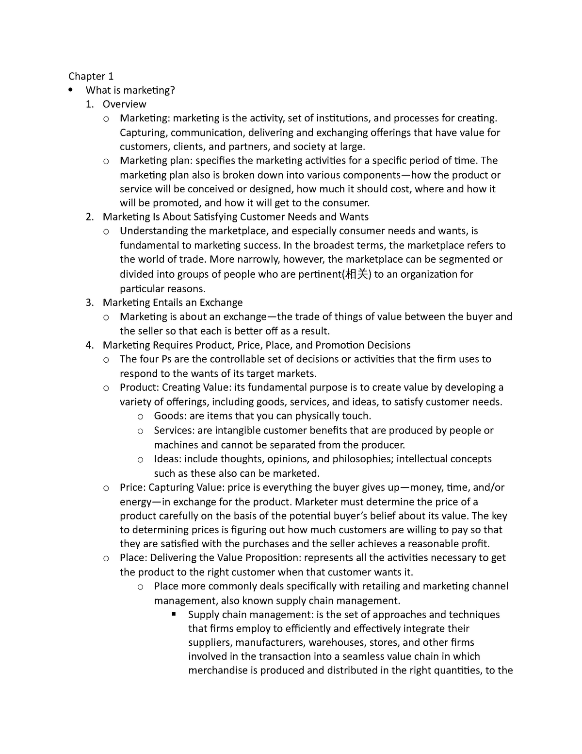 MK 323-Notes - Lecture notes MIDTERM - Chapter 1 What is marketing? 1 ...