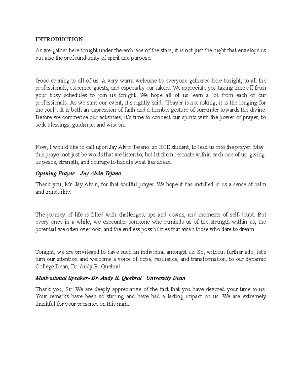 Acknowledgement - INTRODUCTION As we gather here tonight under the ...