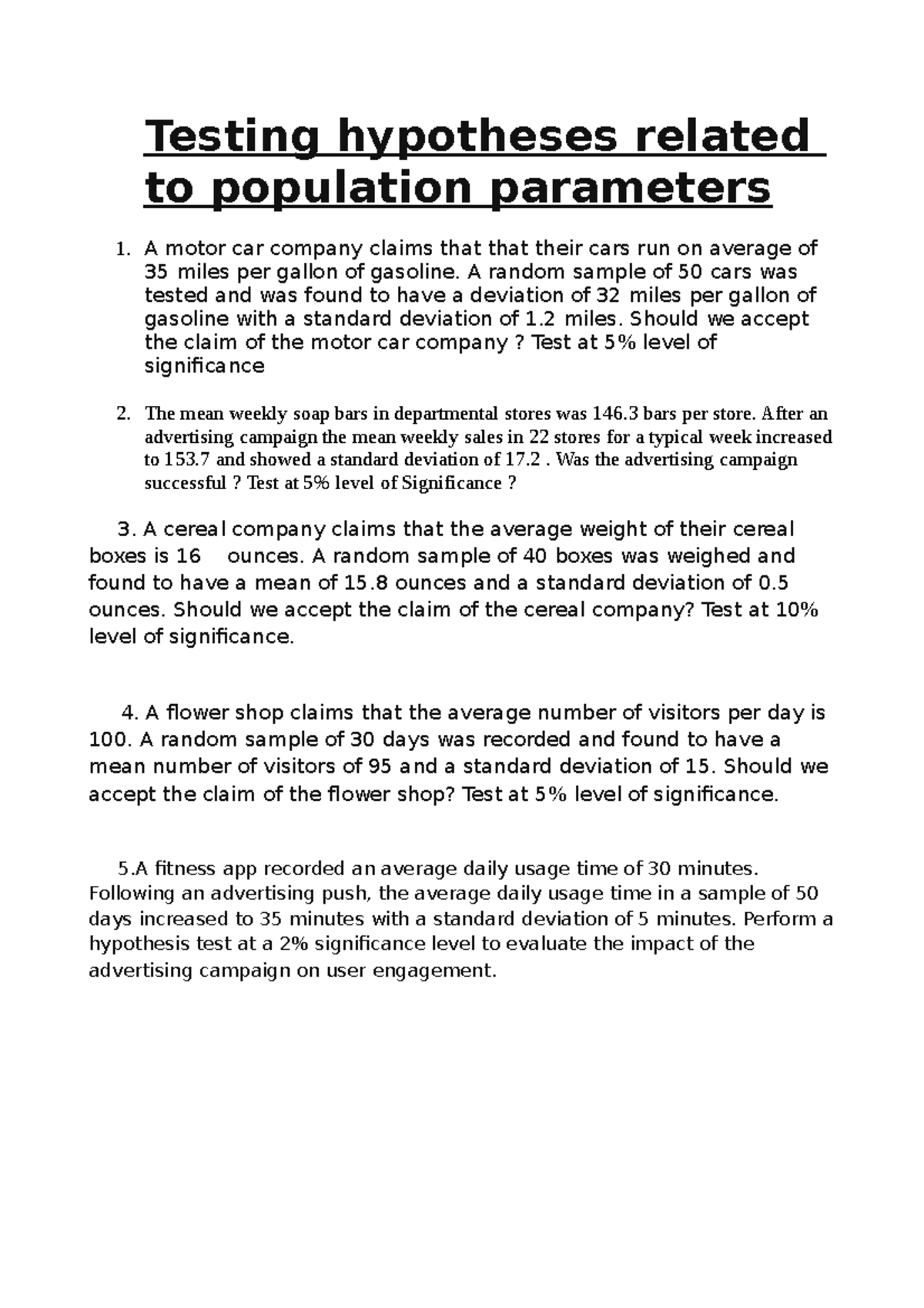 hypothesis testing numericals