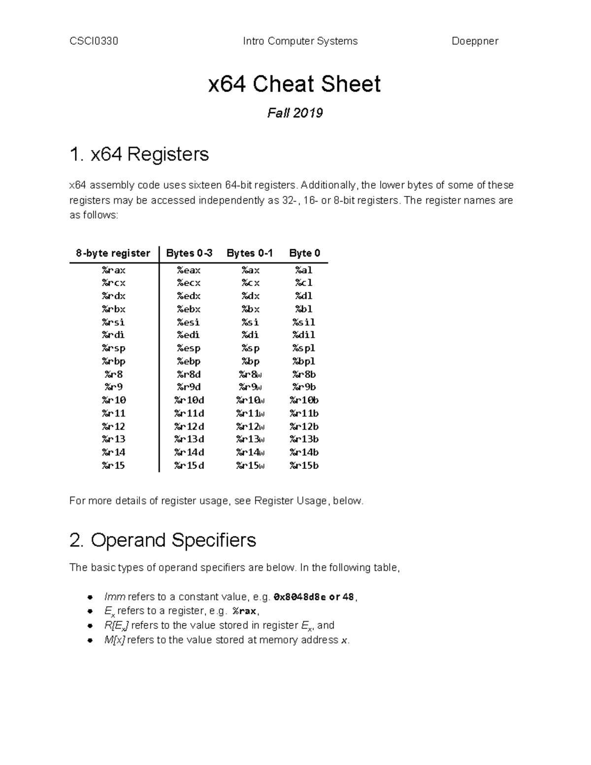 X64 Cheatsheet Assembly Csci0330 Intro Computer Systems Doeppner X64