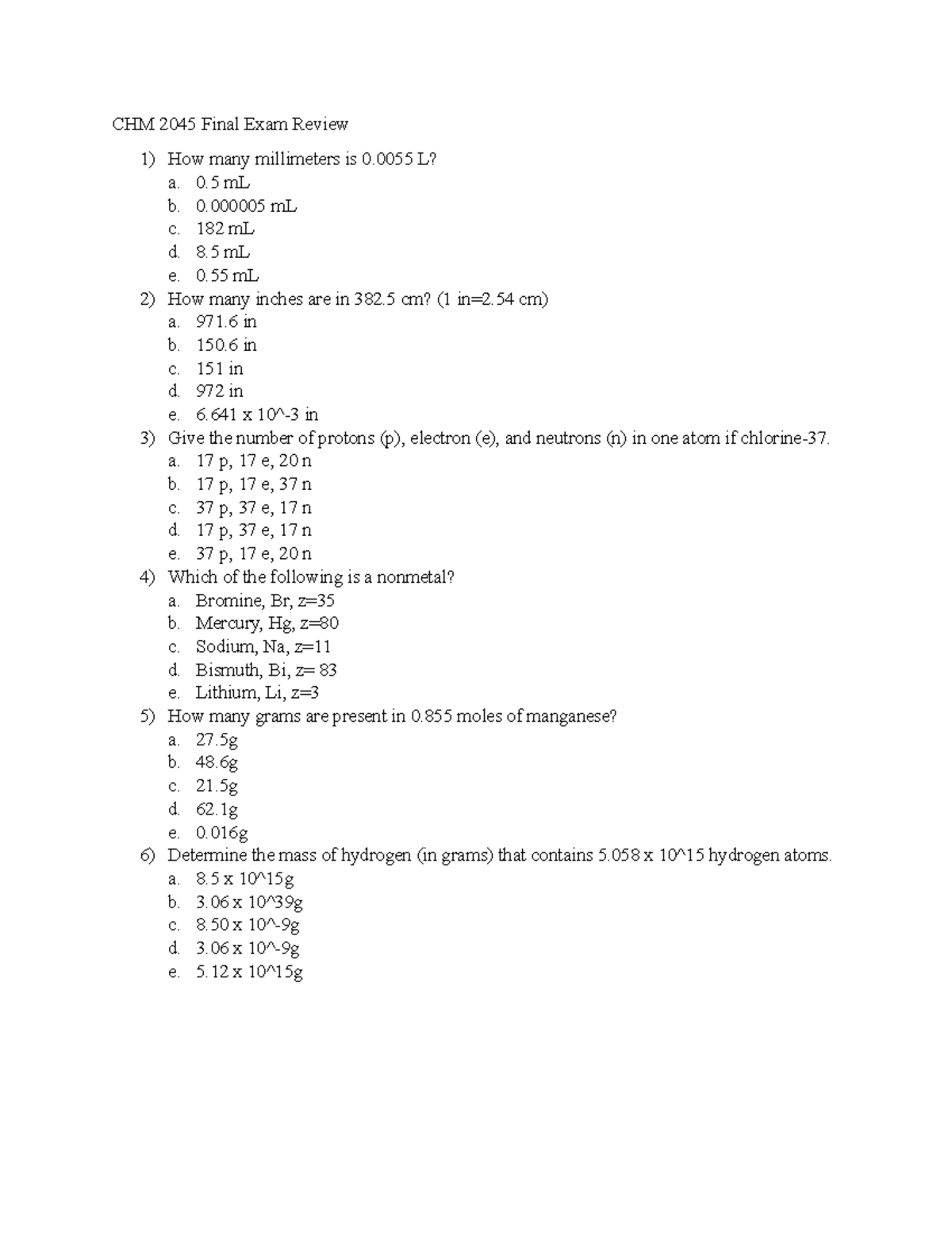 Final Review Clean W Out Answers - CHM 2045 Final Exam Review How Many ...