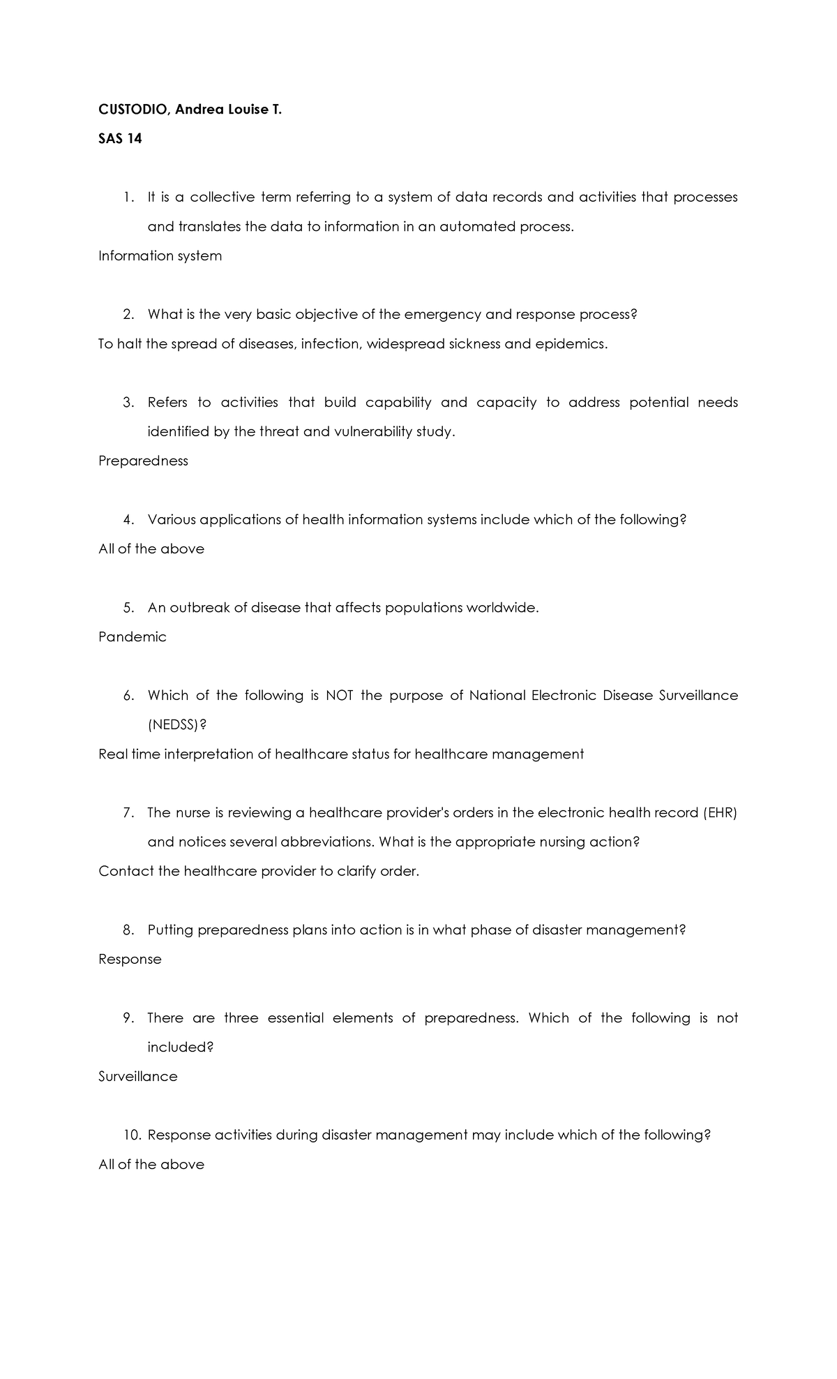 NUR 115 - SAS 14 - university notes - CUSTODIO, Andrea Louise T. SAS 14 ...
