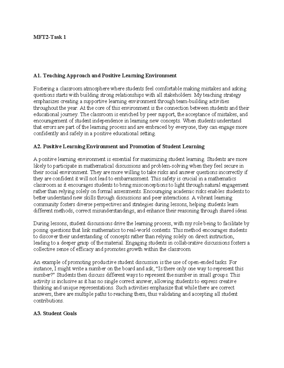 MFT2- Task 1 Passed - MFT2-Task 1 A1. Teaching Approach and Positive ...
