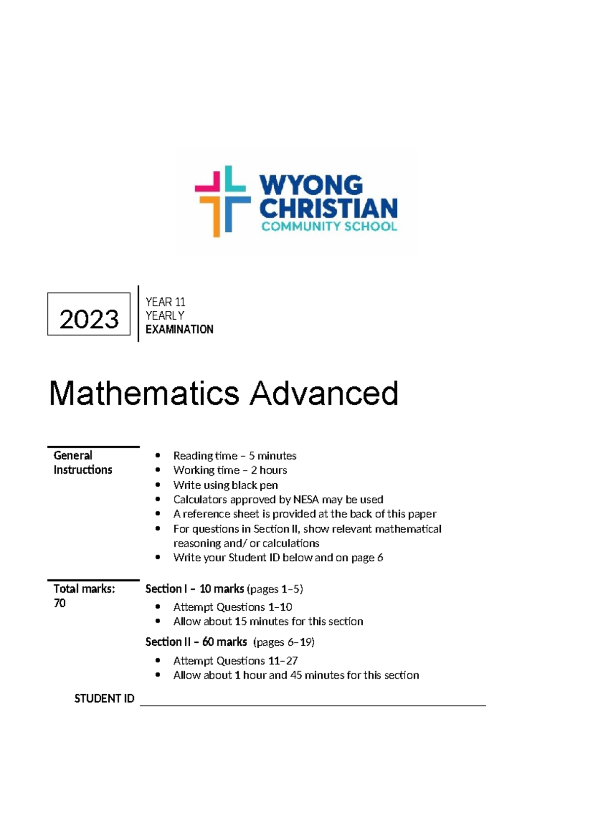 2023 Mathematics Advanced YR11 Yearly and Solutions - Mathematics ...