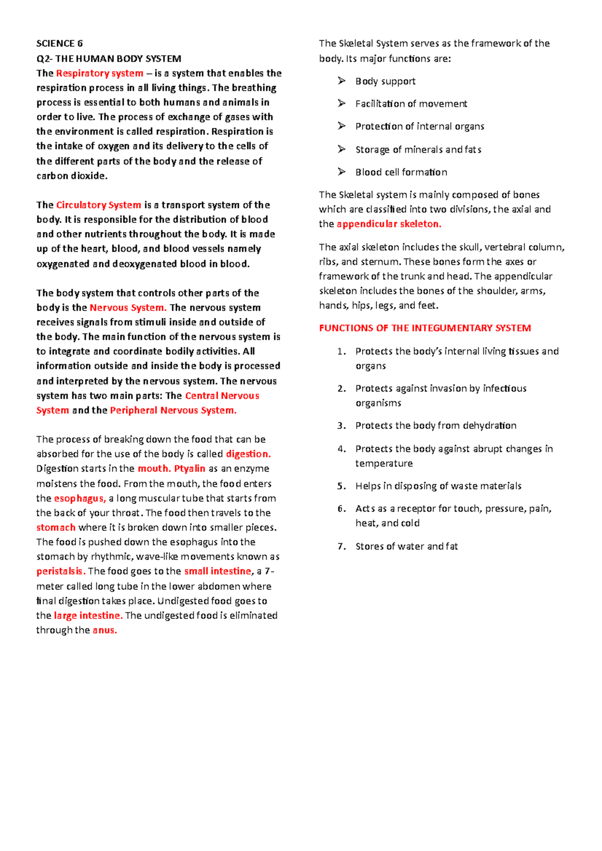Q2 Lectures IN Science 6-THE Human BODY System - SCIENCE 6 Q2- THE ...