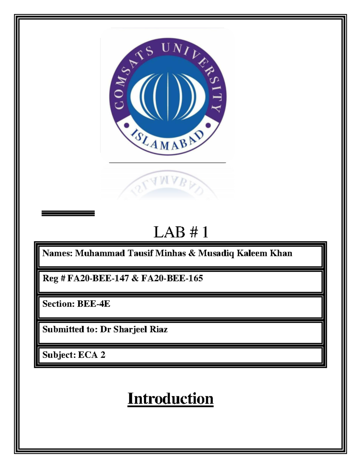 Lab report 1(165,147) ELECTRICAL CIRCUIT - LAB # 1 Names: Muhammad ...