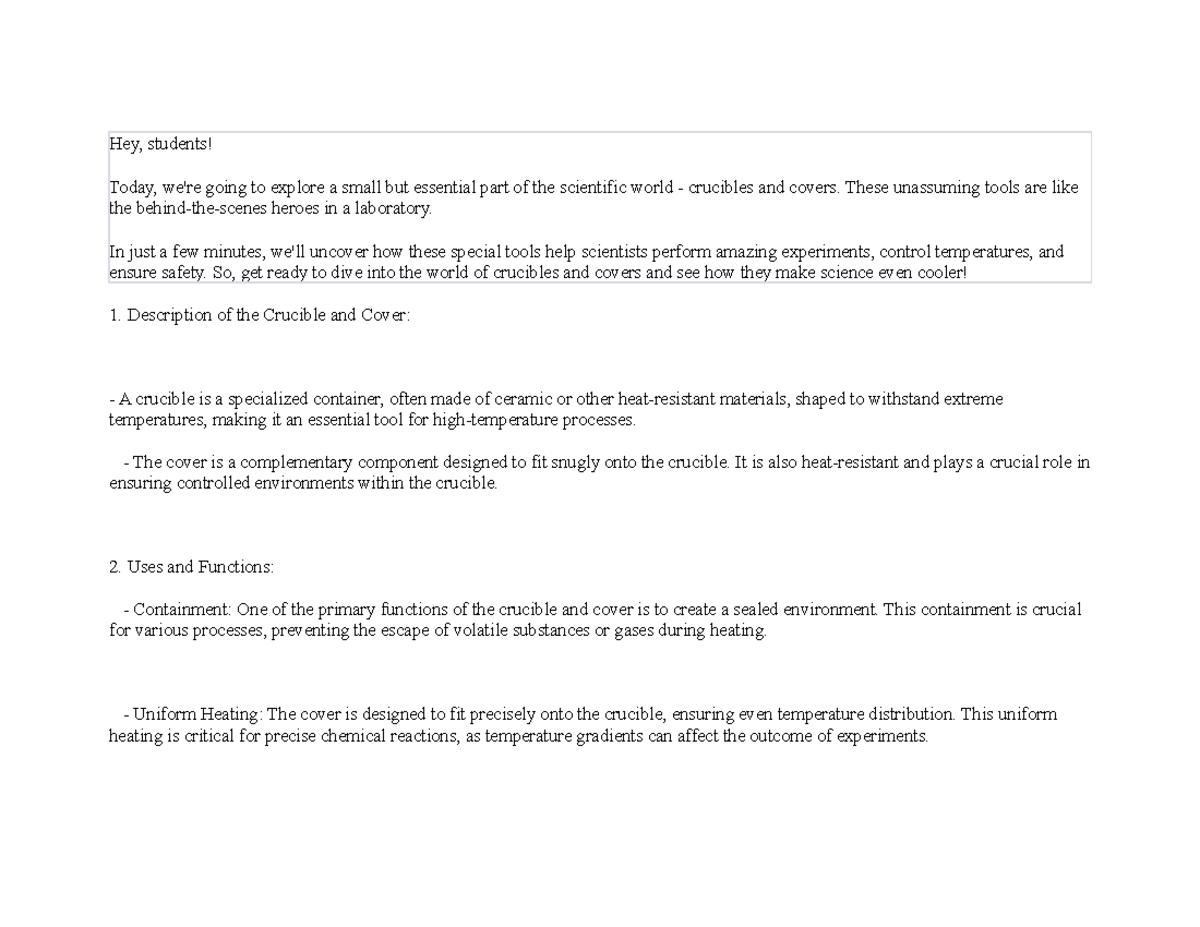 Crucible and Cover adsdasad Hey, students! Today, we're going to