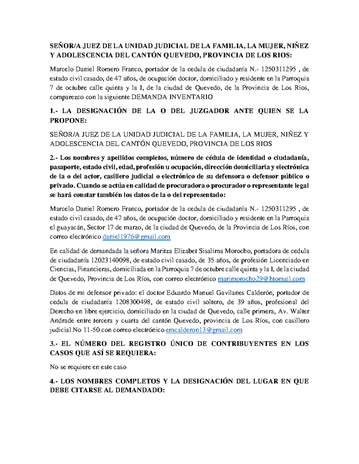 Demanda De Inventario SeÑora Juez De La Unidad Judicial De La Familia La Mujer NiÑez Y 3060