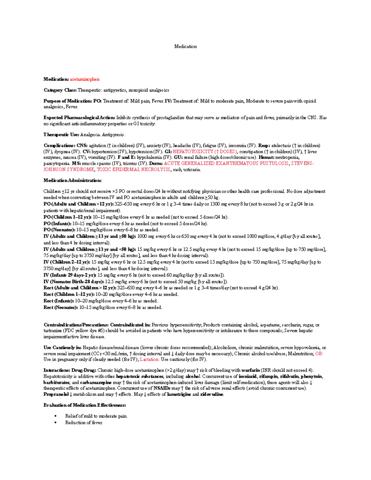 Acetaminophen/Tylenol Medication Medication acetaminophen Category