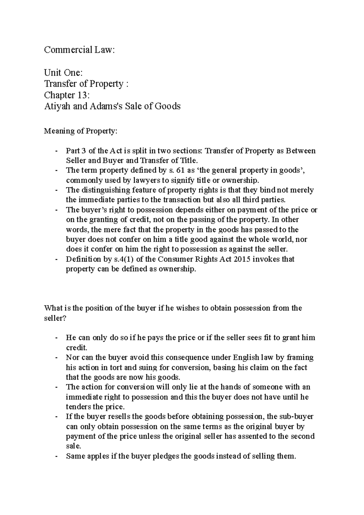 Unit 1 reading - Transfer of Property - The Sale of Goods - Commercial ...