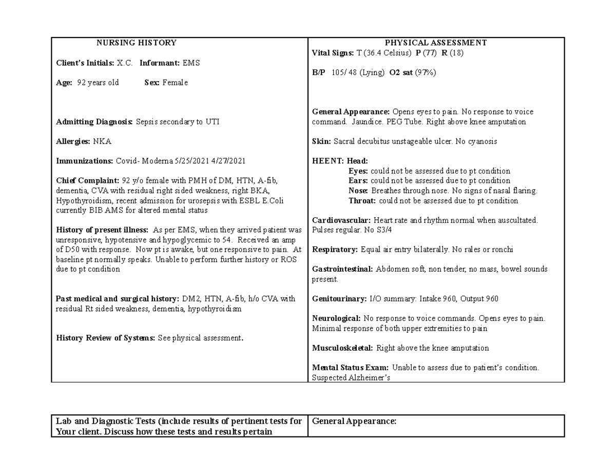 Care Plan care plan NURSING HISTORY Client’s Initials X. Informant