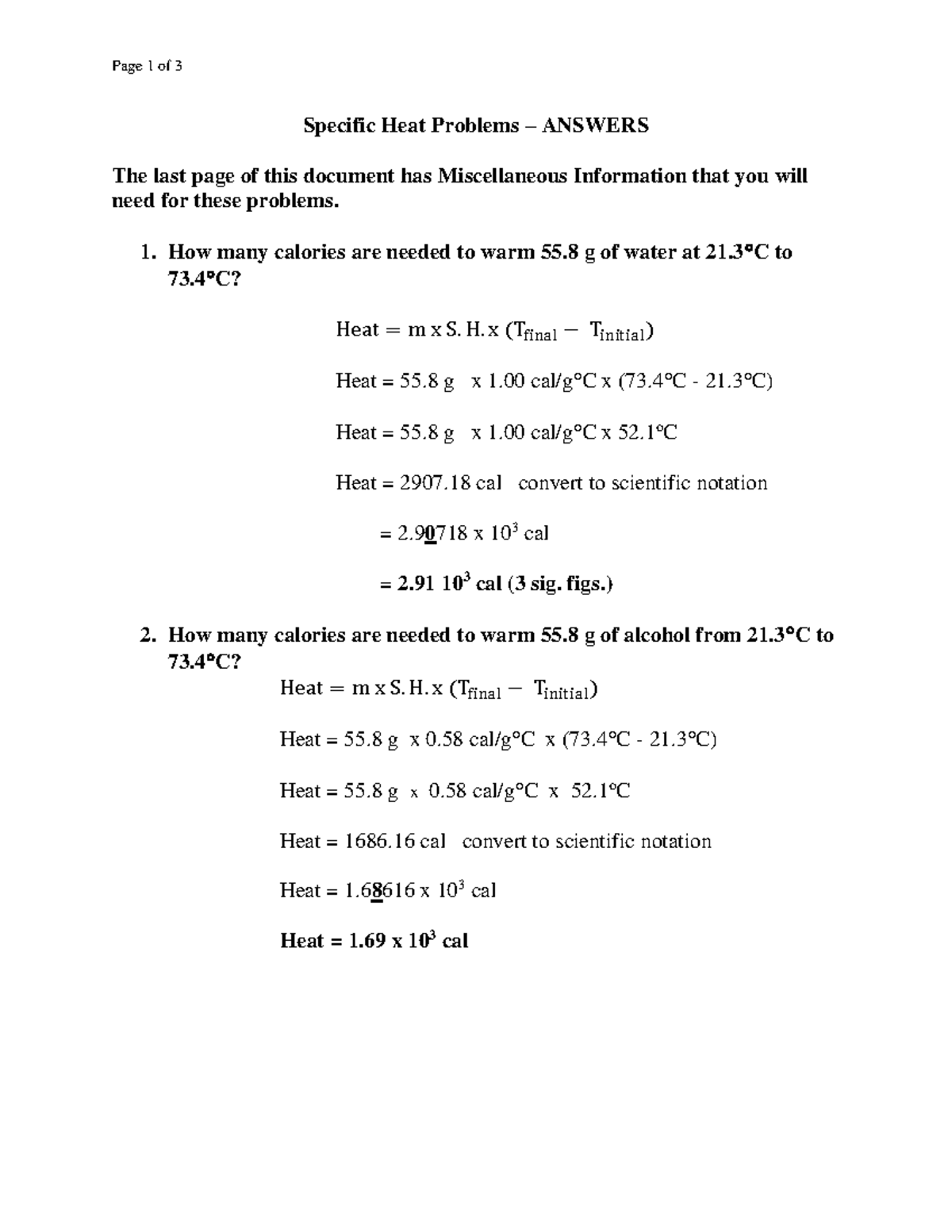 Specific Heat Practice Problems Answers Page 1 Of 3 Specific Heat
