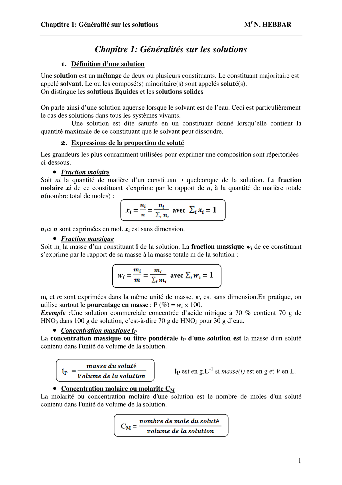 Chimie B - Prof Ahmed Ali - Chaptitre 1: Généralité Sur Les Solutions ...