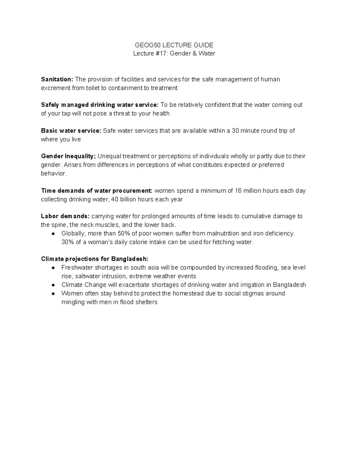 Gender and Water GEOG50 LECTURE GUIDE Lecture 17 Gender & Water