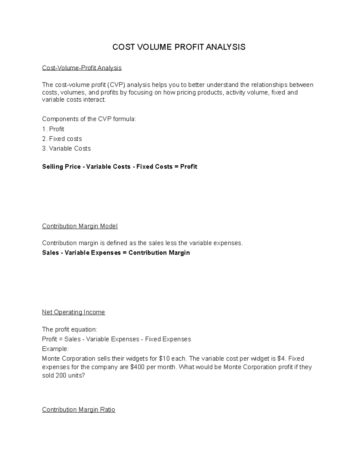 Accounting for Managers Notes 15 - COST VOLUME PROFIT ANALYSIS Cost ...
