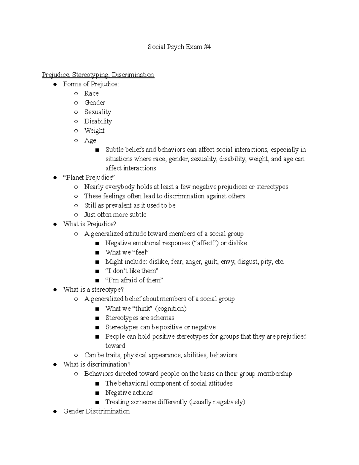 Social Psych Exam #4 - Lecture Notes - Social Psych Exam # Prejudice ...