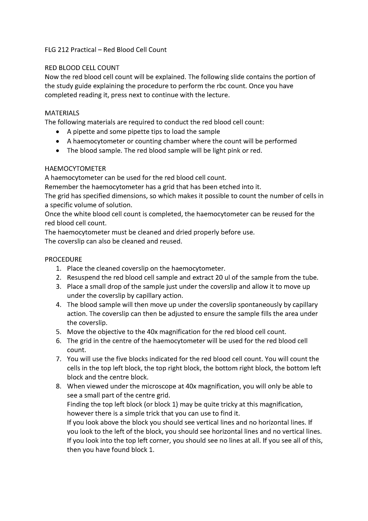 FLG 212 Practical - Red blood cell count - FLG 212 Practical 3 Red ...