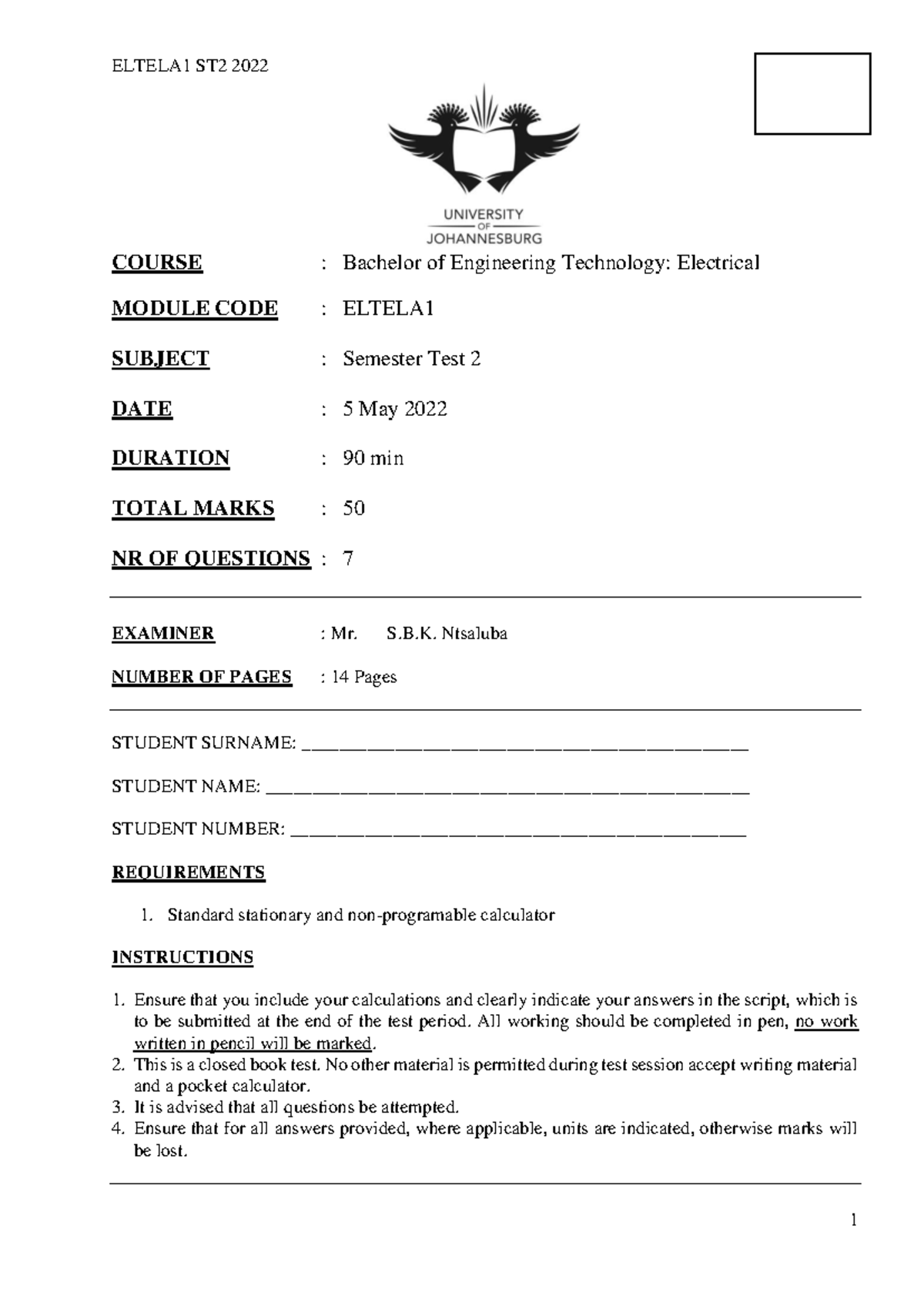 Semester Test2 202 - COURSE : Bachelor of Engineering Technology ...