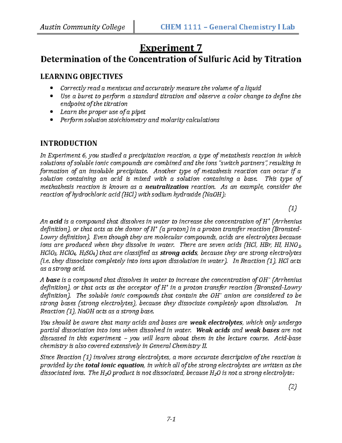 Ex 7 Titration Experiment 7 Determination of the Concentration of
