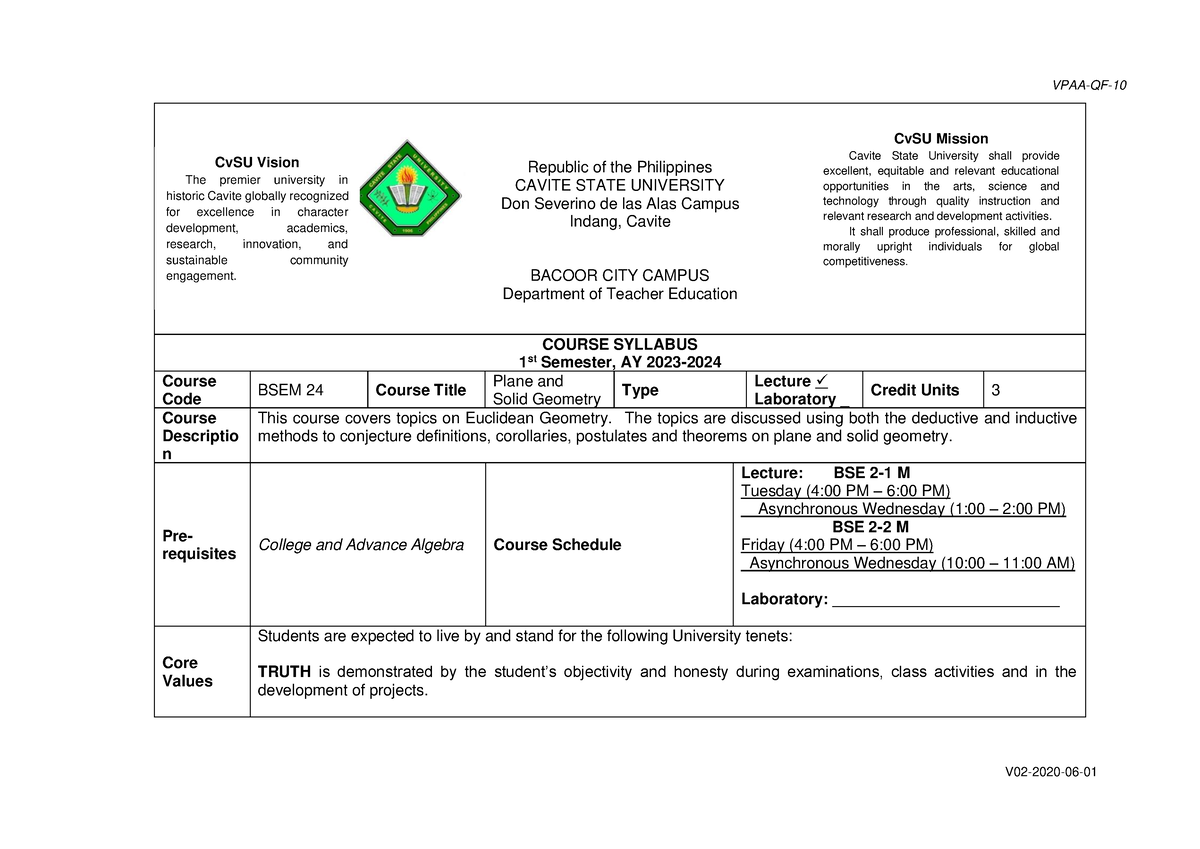 BSEM 24 (Syllabus) - Republic Of The Philippines CAVITE STATE ...