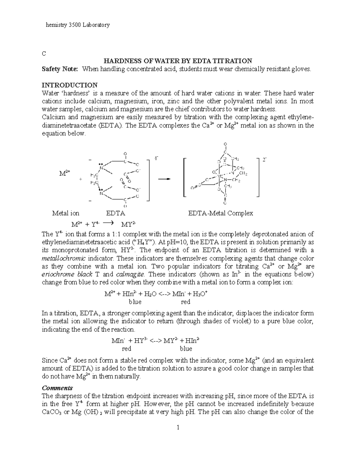 Lab ProcedureCalcium C HARDNESS OF WATER BY EDTA TITRATION Safety