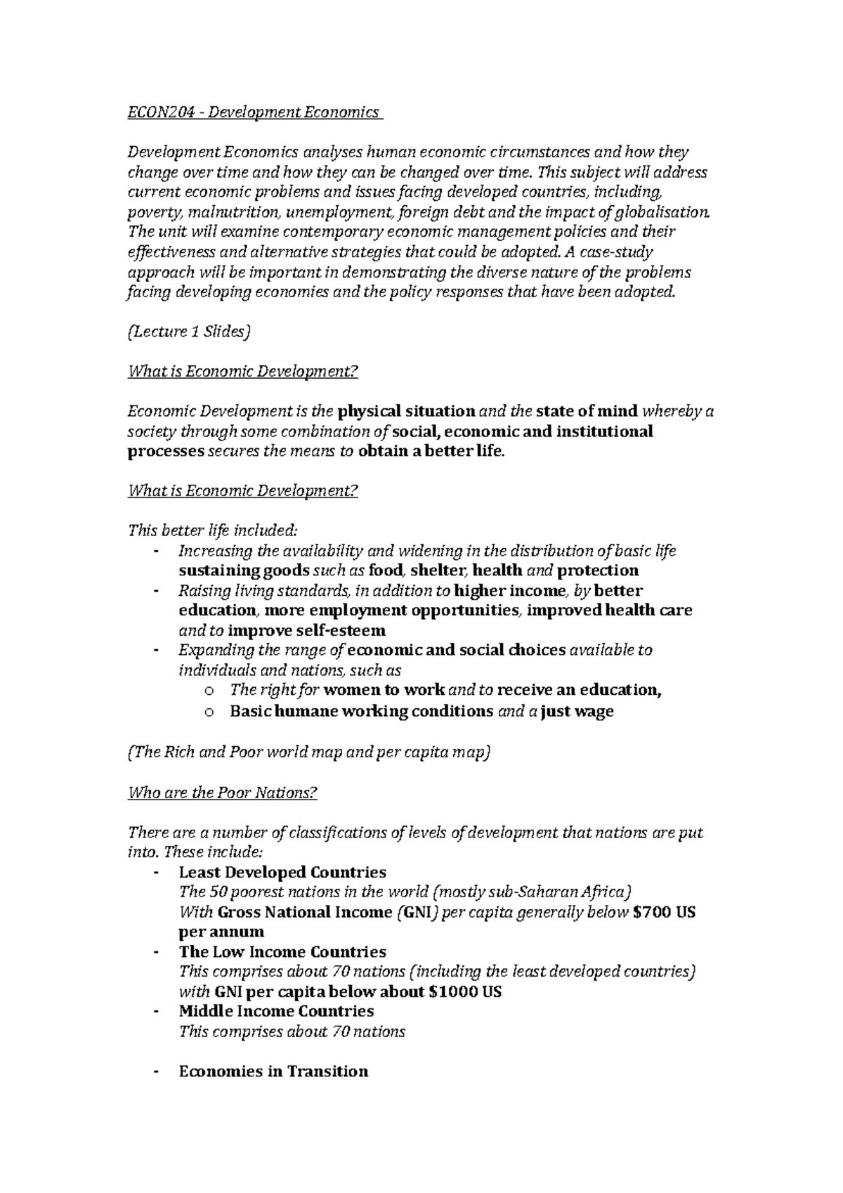 Development Economics Notes - ECON204 - Development Economics ...