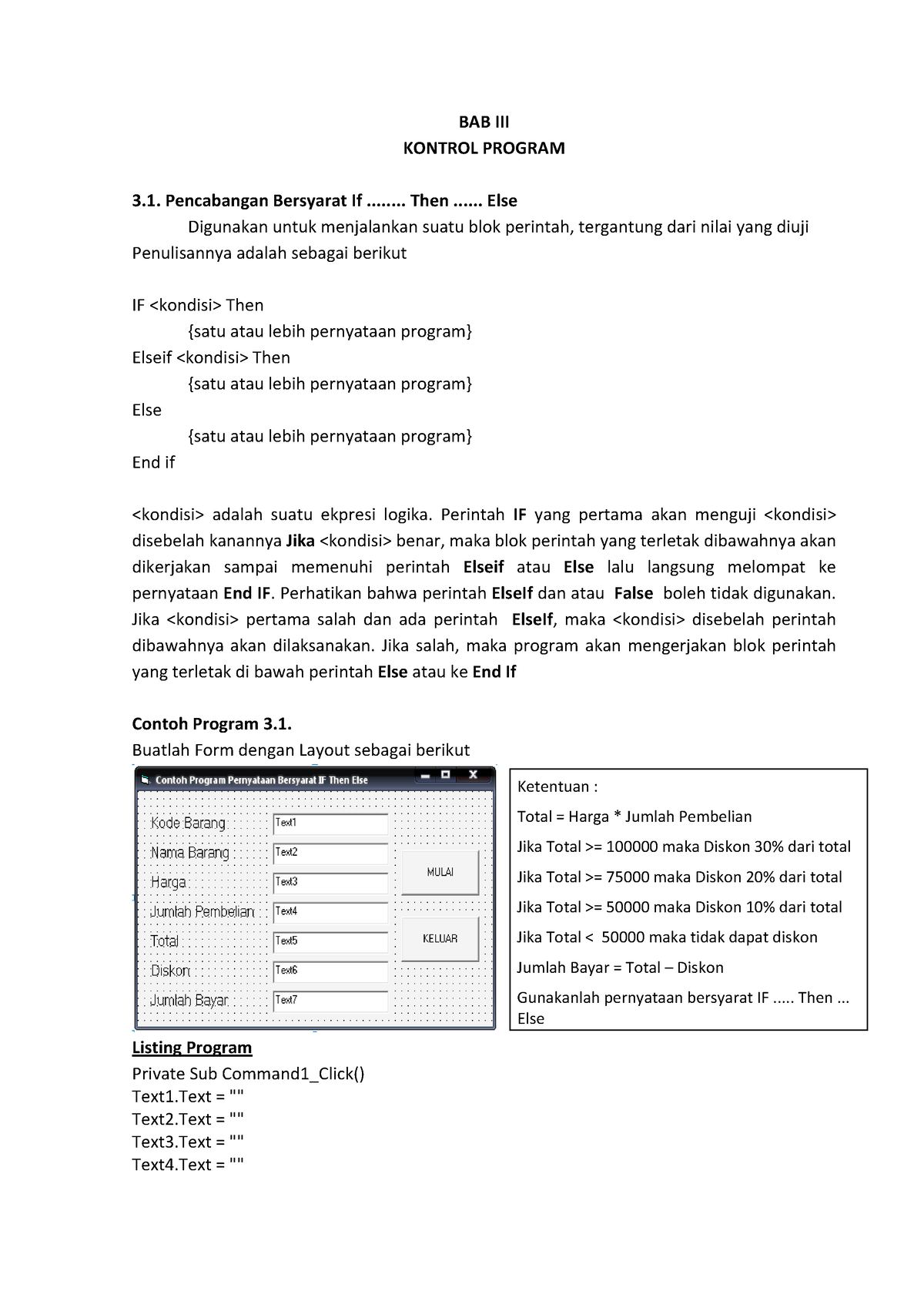 Modul VB 6.0 - Kontrol Program - BAB III KONTROL PROGRAM 3. Pencabangan ...