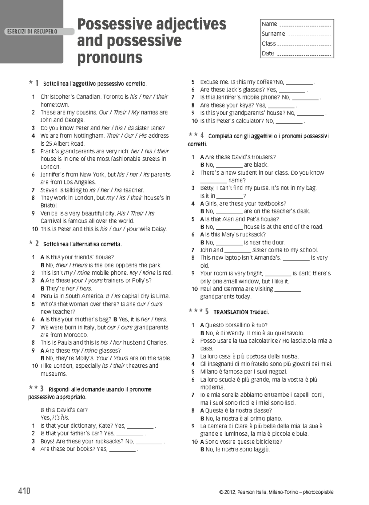 Possessive adjectives and possessive pronouns 410 2012 pearson