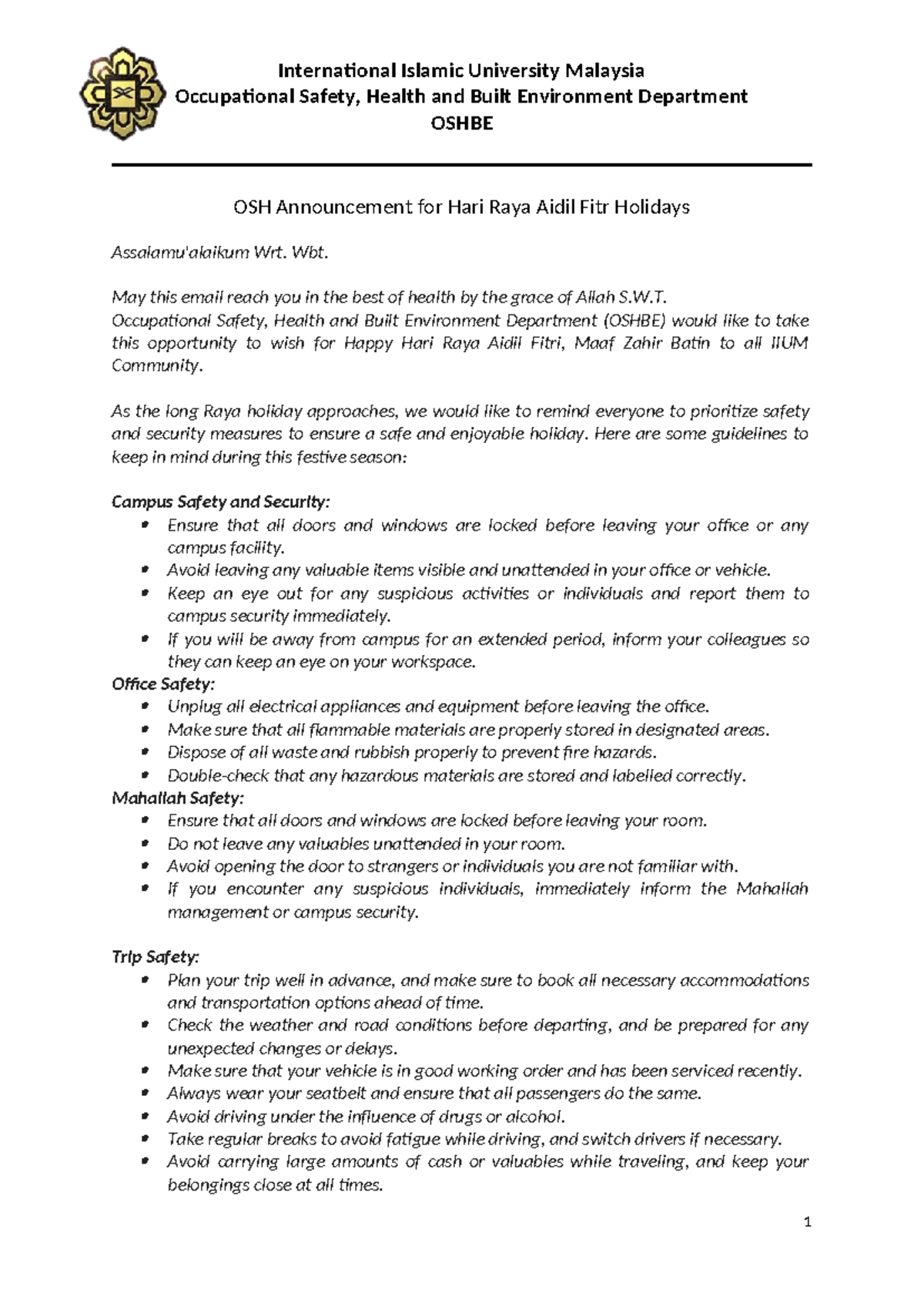 OSH Announcement for Hari Raya Aidilfitri 2023 - Occupational Safety ...