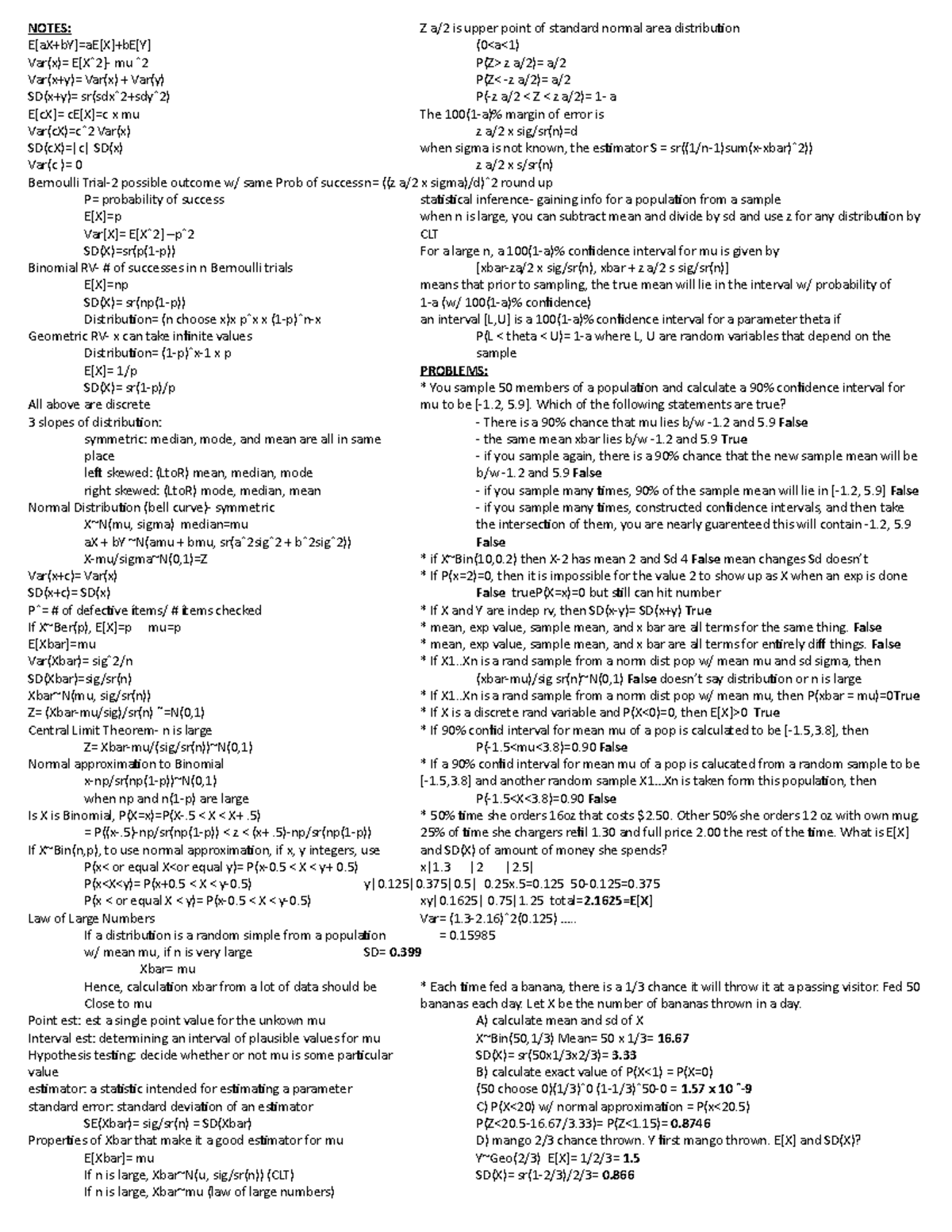 Stat exam 2 - this is the 2nd cheat sheet for stat - NOTES: E[aX+bY]=aE ...