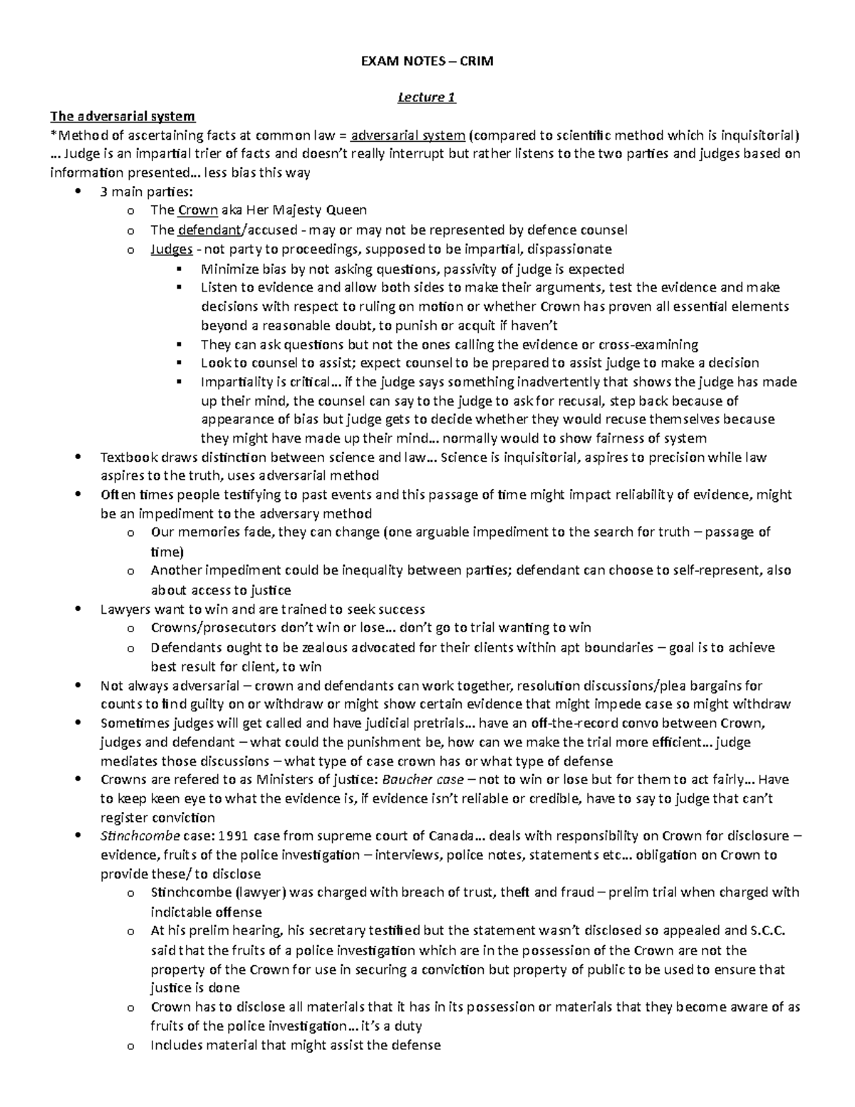 Criminal Law - Fall Notes - EXAM NOTES – CRIM Lecture 1 The adversarial ...