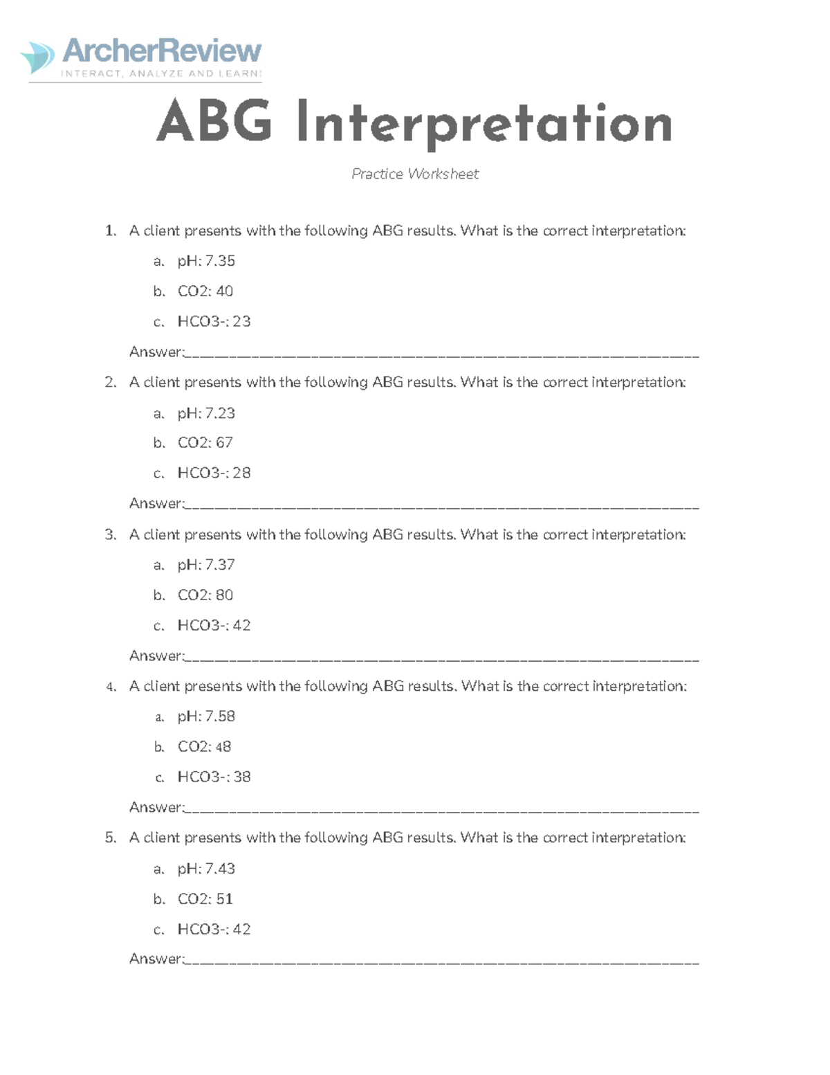 Archer Live Review Day 1 - ABG Interpretation Practice Worksheet A ...